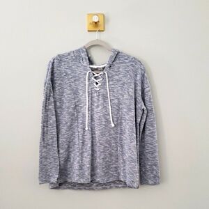 Roxy Women Knit Hoodie Pullover Top Sweater 6 Gray White Lace-up Beach Coastal